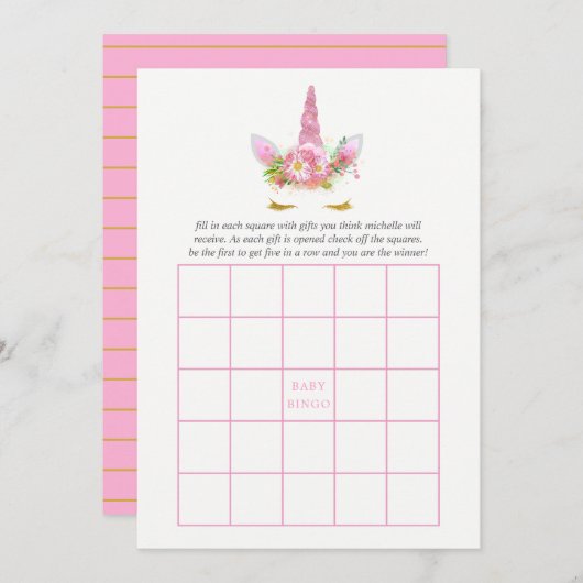 Pink & Gold Floral Unicorn Girl Baby Shower Bingo (Front/Back)