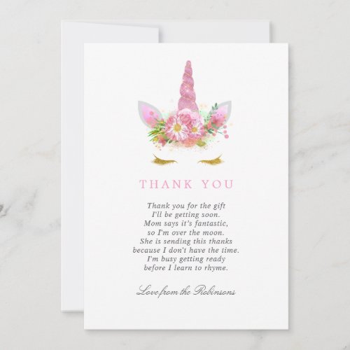 Pink  Gold Floral Unicorn Girl Baby Shower Thanks Thank You Card