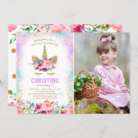 Pink & Gold Floral Unicorn Photo Birthday Party Invitation