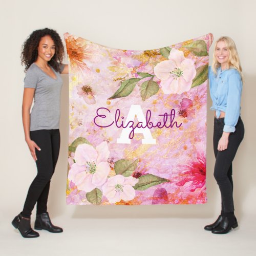 Pink gold floral vintage watercolor name monogram fleece blanket