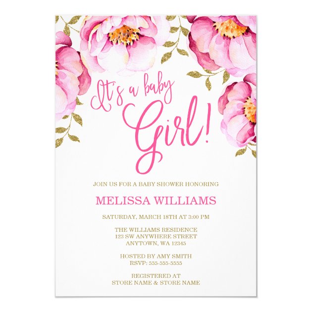 Pink Gold Floral Watercolor Baby Shower Invitation