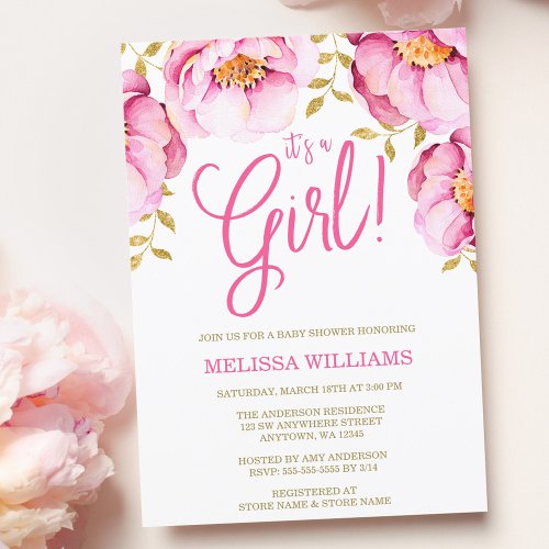 Pink Gold Floral Watercolor Baby Shower Invitation