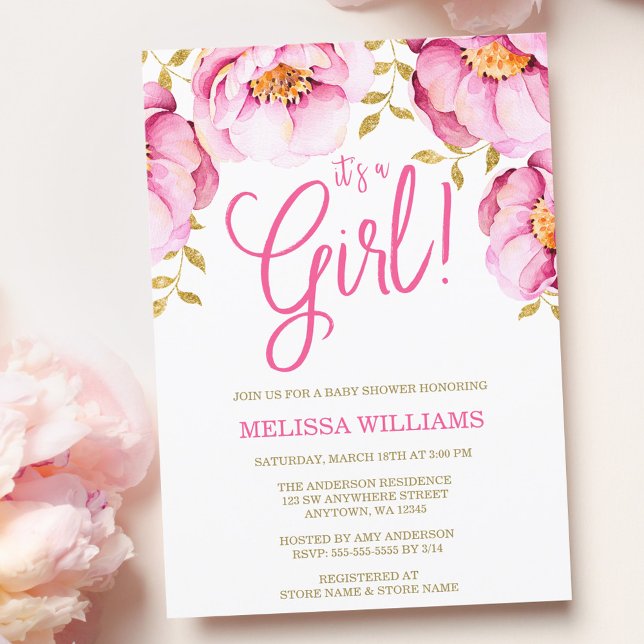 Pink Gold Floral Watercolor Baby Shower Invitation (Creator Uploaded)