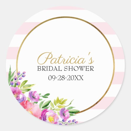Pink  Gold Floral Watercolor Bridal Shower Classic Round Sticker