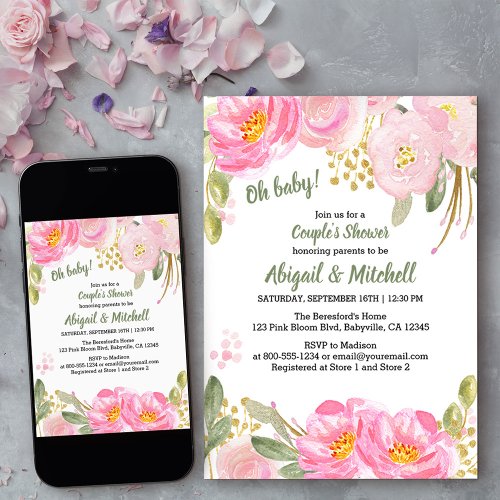 Pink Gold Floral Watercolor Couples Baby Shower Invitation