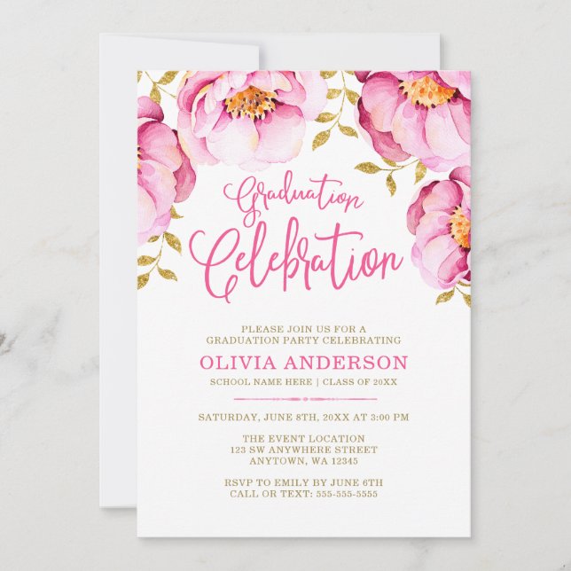Pink Gold Floral Watercolor Graduation Invitations (Front)