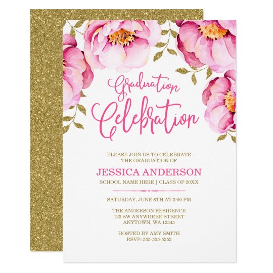 pink gold floral watercolor graduation invitations zazzle com