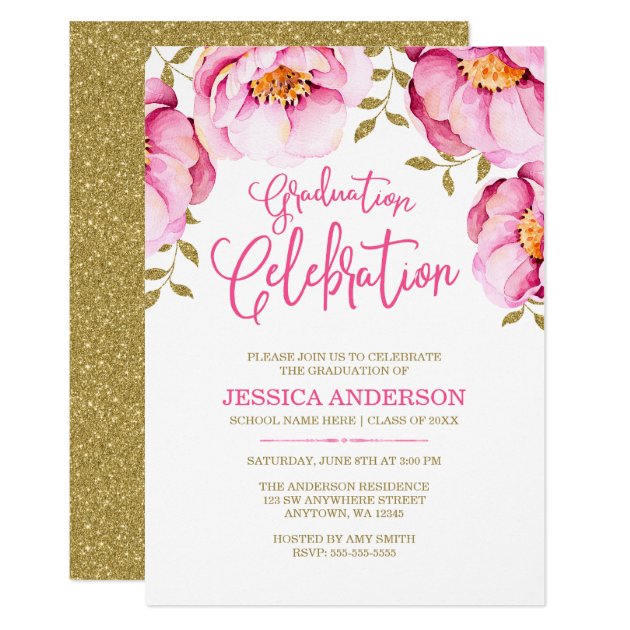 Pink Gold Floral Watercolor Graduation Invitations