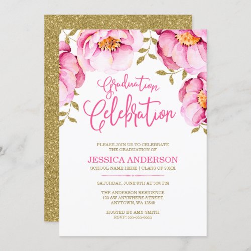 Pink Gold Floral Watercolor Graduation Invitations