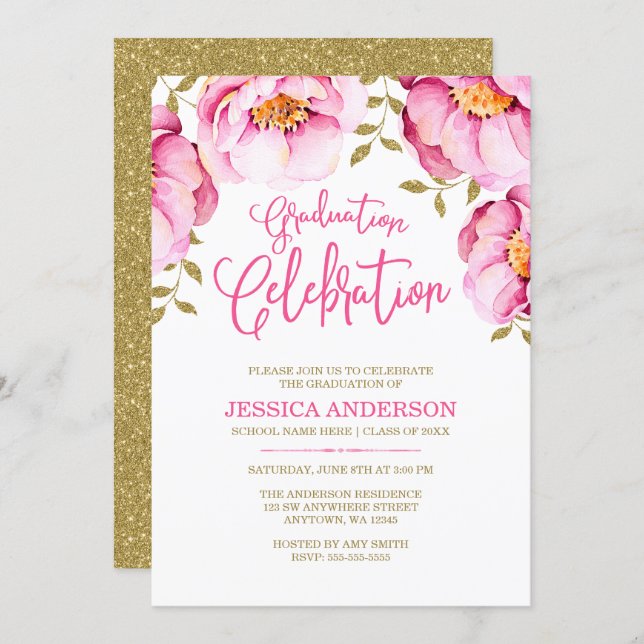 Pink Gold Floral Watercolor Graduation Invitations (Front/Back)