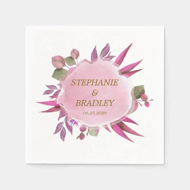 Pink Gold Floral Watercolor Modern Elegant Wedding Napkins (Front)