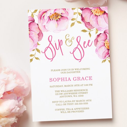 Pink Gold Floral Watercolor Sip and See Invitation