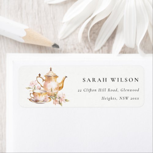 Pink Gold Floral Watercolor Tea Set Address Label