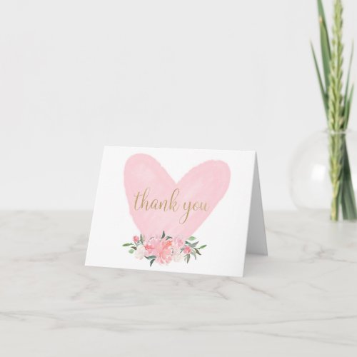 Pink gold floral watercolor valentines heart thank you card