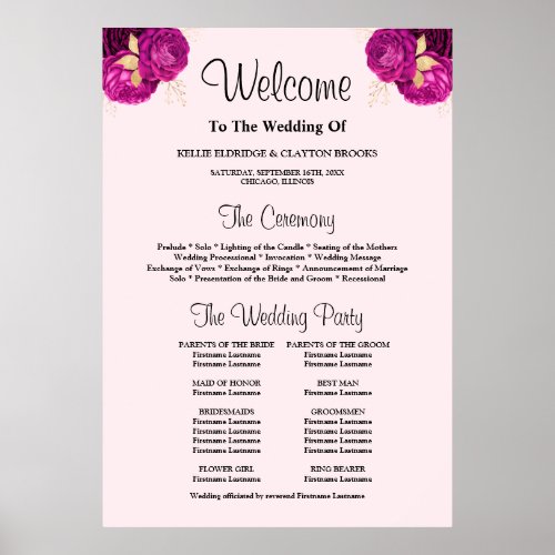 PinkGold Floral Wedding Ceremony Program Sign