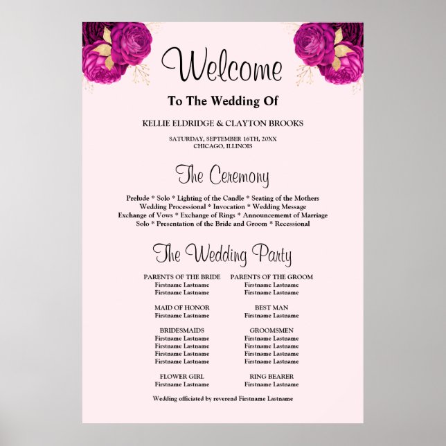 Pink/Gold Floral Wedding Ceremony Program Sign (Front)