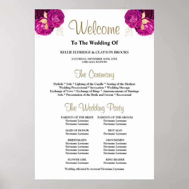 Pink/Gold Floral Wedding Ceremony Program Sign (Front)