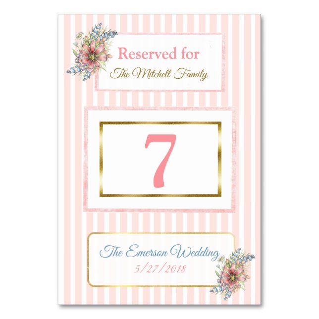 PInk Gold Floral Wedding Table Number Card (Front)