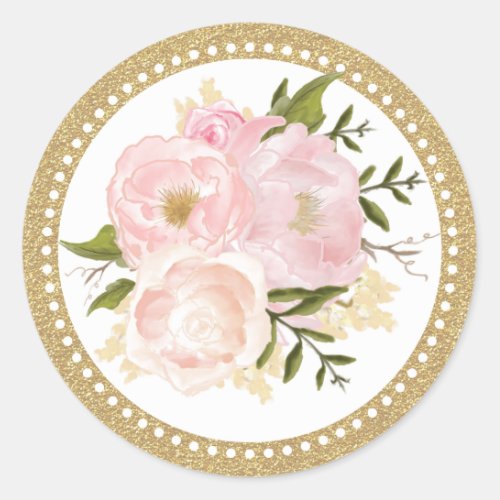 Pink Gold Floral Wedding Thank You Round Sticker