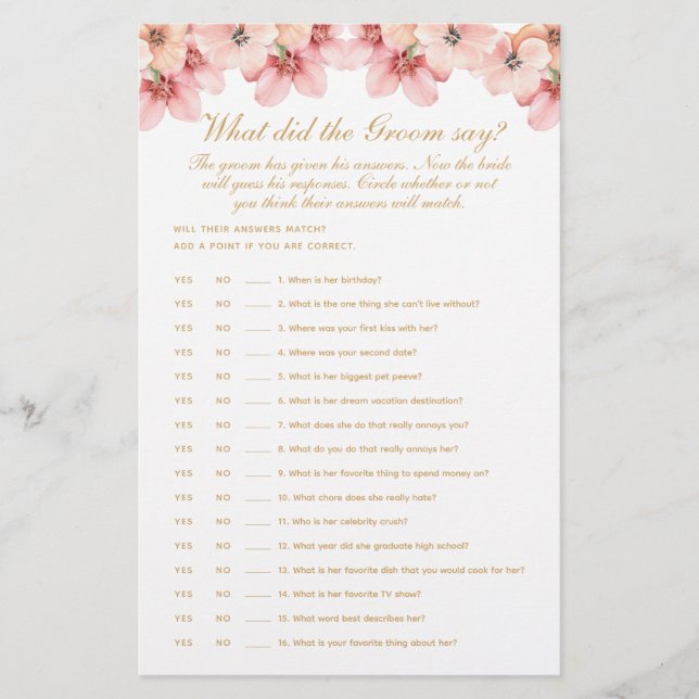 Pink Gold Floral What Did the Groom Say Game Flyer (Front)