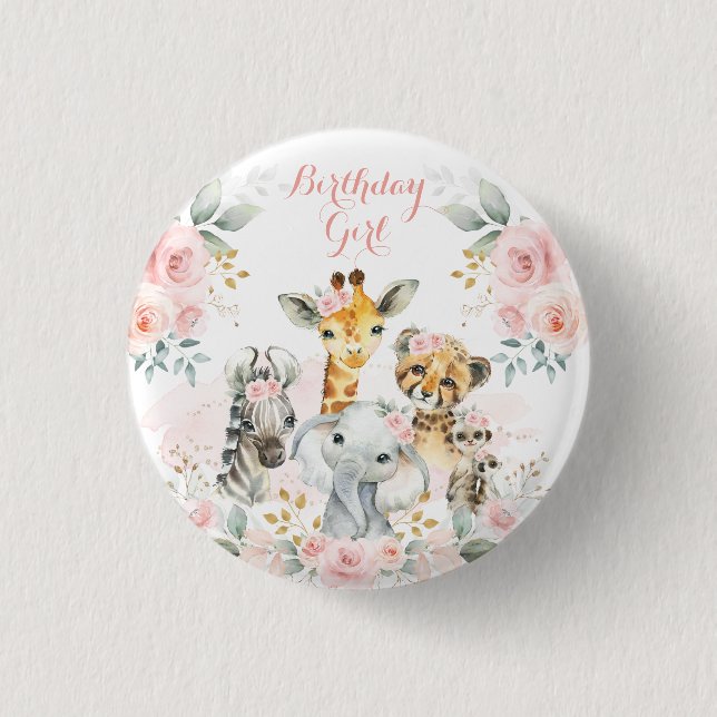 Pink Gold Floral Wild Jungle Safari Birthday Girl Button (Front)