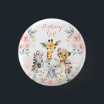 Pink Gold Floral Wild Jungle Safari Birthday Girl Button<br><div class="desc">This dreamy design features illustration of a collection of adorable jungle animals surrounded by gorgeous blush pink flowers and delicate watercolor greenery</div>
