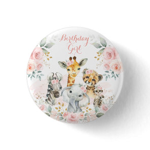 Pink Gold Floral Wild Jungle Safari Birthday Girl Button