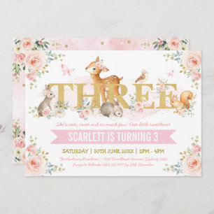 Pink Gold Floral Woodland Animals 3rd Birthday Invitation