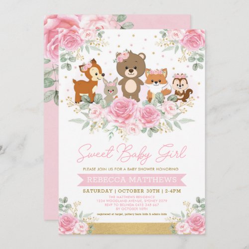 Pink Gold Floral Woodland Animals Baby Shower Invitation