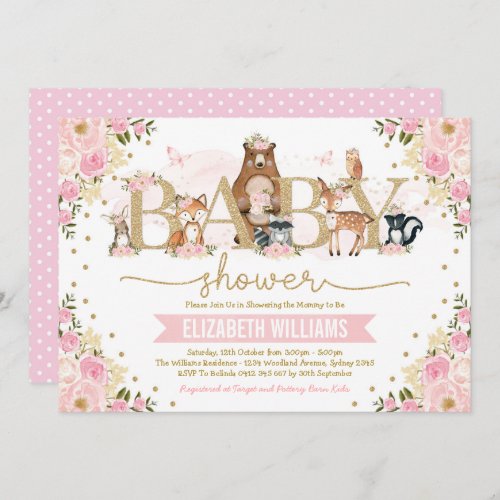 Pink Gold Floral Woodland Animals Girl Baby Shower Invitation