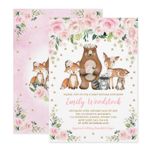 Pink Gold Floral Woodland Animals Girl Baby Shower Invitation