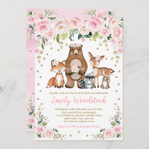 Pink Gold Floral Woodland Animals Girl Baby Shower Invitation