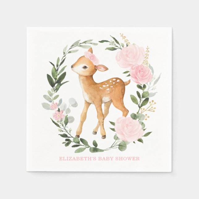 Pink Gold Floral Woodland Deer Fawn Baby Shower Napkins (Front)