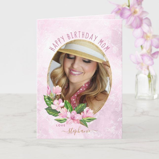 Pink Gold Floral Wreath Custom Photo Birthday Card (Orchid)