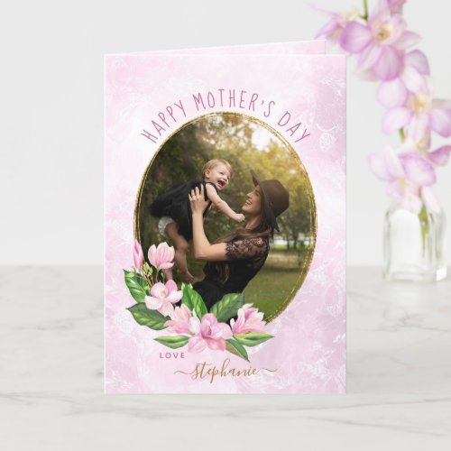 Pink Gold Floral Wreath Custom Photo Mothers Day Card