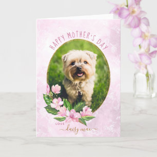 Pink Gold Floral Wreath Dog Photo Mother's Day Card