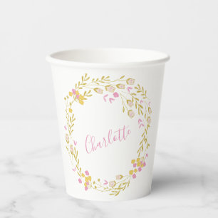 Pink Gold Floral Wreath Personalized Name Party Paper Cups