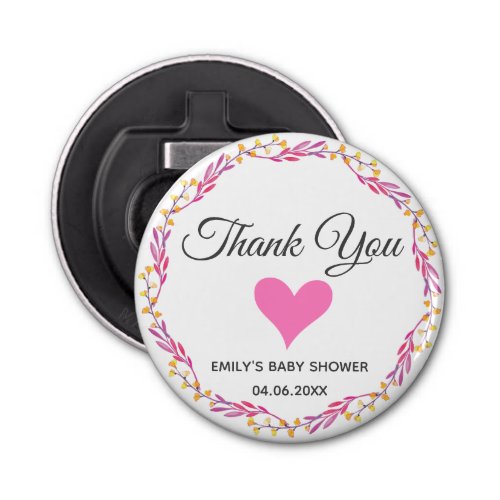 Pink  Gold Floral Wreath Thank You Baby Shower Bottle Opener