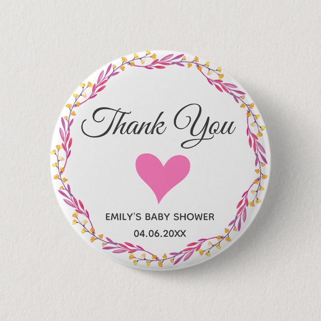 Pink & Gold Floral Wreath Thank You Baby Shower Button (Front)