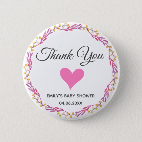 Pink  Gold Floral Wreath Thank You Baby Shower Button