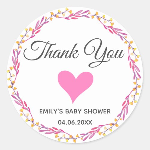 Pink  Gold Floral Wreath Thank You Baby Shower Classic Round Sticker