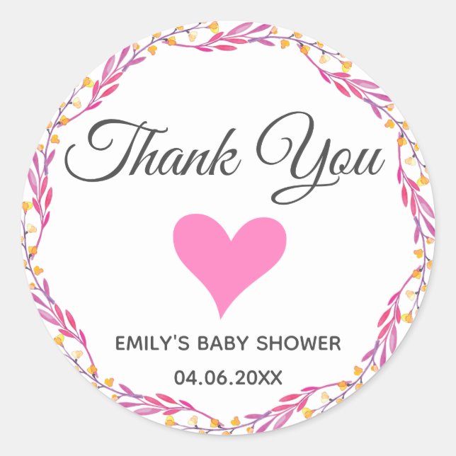 Pink & Gold Floral Wreath Thank You Baby Shower Classic Round Sticker (Front)