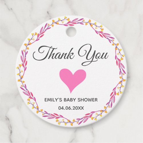 Pink  Gold Floral Wreath Thank You Baby Shower Favor Tags