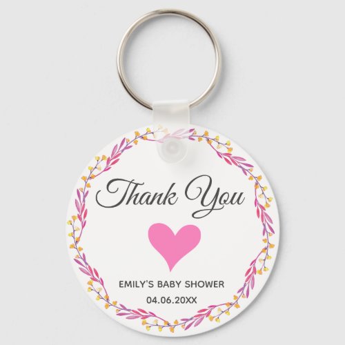 Pink  Gold Floral Wreath Thank You Baby Shower Keychain