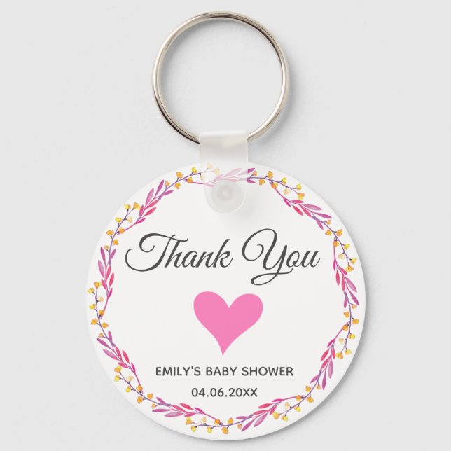 Pink & Gold Floral Wreath Thank You Baby Shower Keychain (Front)