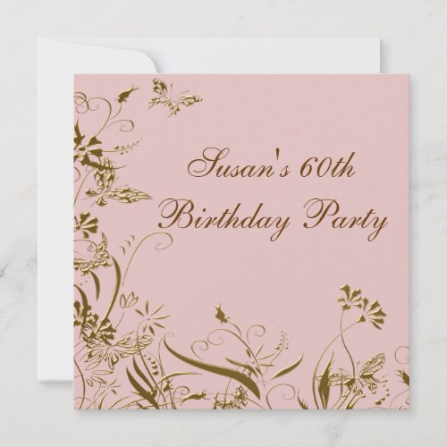 Pink Gold Flower Butterfly Womans 60th Birthday Custom Announcements
