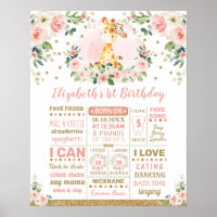 Pink Gold Flower Giraffe 1st Birthday Milestone Poster