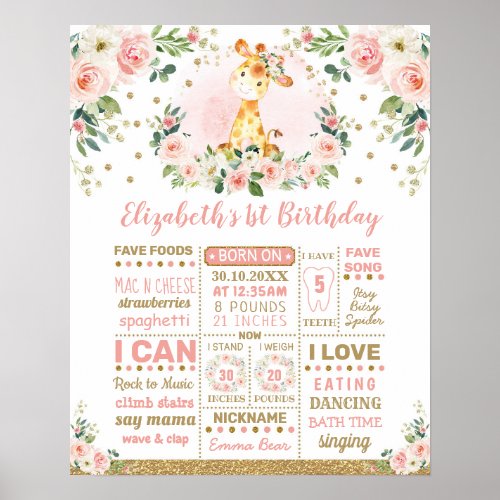 Pink Gold Flower Giraffe 1st Birthday Milestone Poster