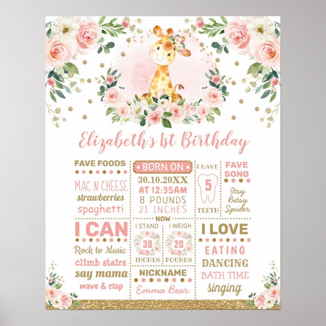 Pink Gold Flower Giraffe 1st Birthday Milestone Poster (Front)