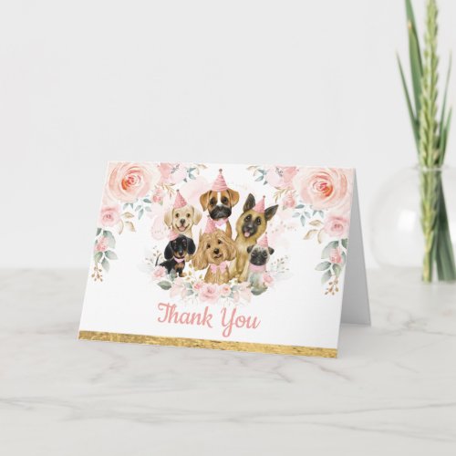 Pink Gold Flower Puppy Pet Dogs Birthday Thank You Card